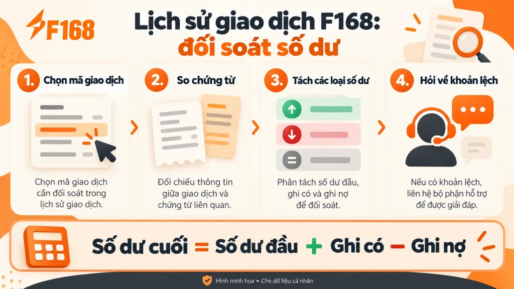 Minh họa cách đối soát lịch sử giao dịch F168 theo mã, chứng từ, các loại số dư và khoản chênh lệch.