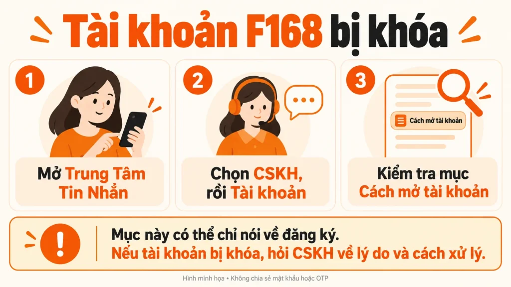 Minh họa ba bước tìm mục Tài khoản trong Trung Tâm Tin Nhắn F168; nếu vẫn bị khóa, liên hệ CSKH để hỏi lý do.
